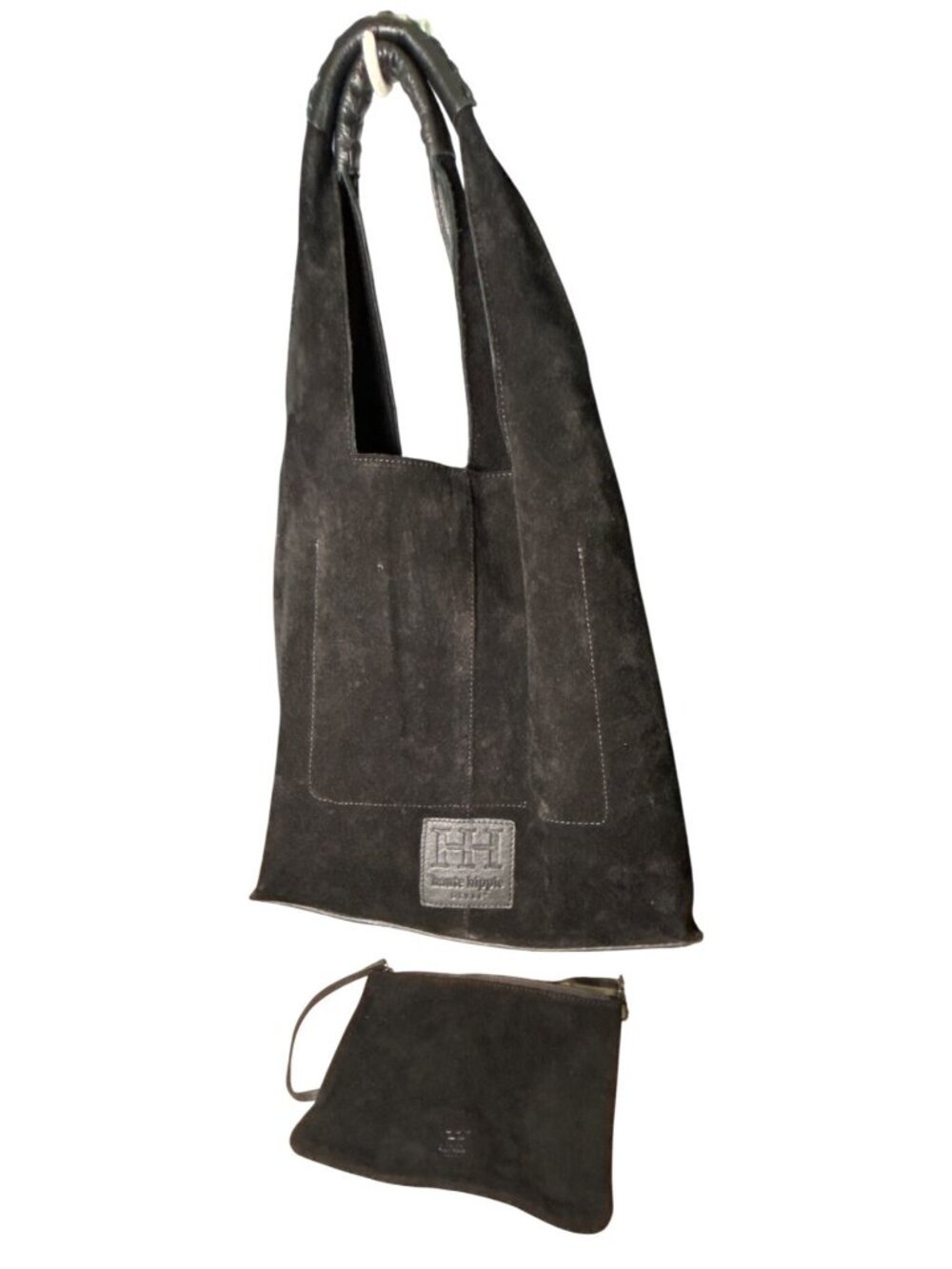 Haute Hippie Black Leather Suede Hobo Tote Bag w/ Matching Removable Pouch